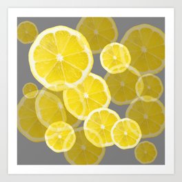 MODERN ABSTRACT  LEMON SLICES ON GREY ART Art Print | Colored Pencil, Acrylic, Lemoncoasters, Pattern, Kitchenart, Lemobs, Citrusart, Ink, Digital Manipulation, Lemoncurtains 