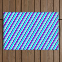 [ Thumbnail: Dark Violet, Cyan & Turquoise Colored Lines/Stripes Pattern Outdoor Rug ]