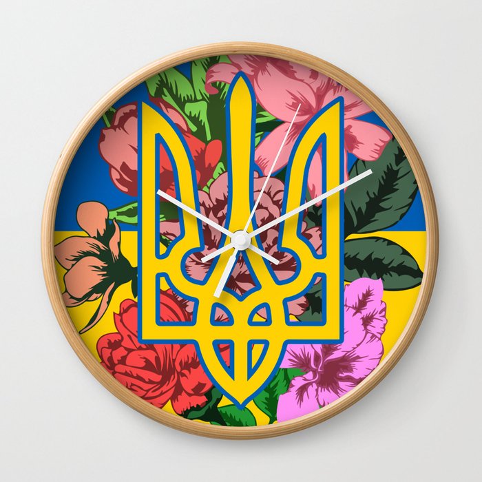 Ukrainian trident and flag of Ukraine with flowers Wall Clock