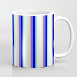 [ Thumbnail: Eye-catching Light Green, Blue, Slate Blue, Tan & Light Cyan Colored Striped/Lined Pattern Coffee Mug ]