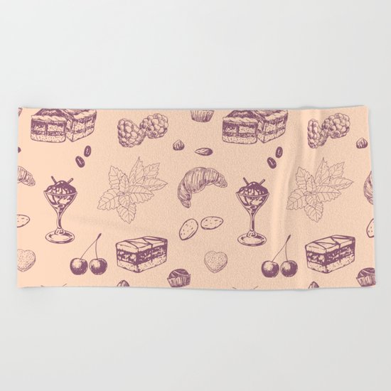 Sweet pattern with various desserts. Beach Towel