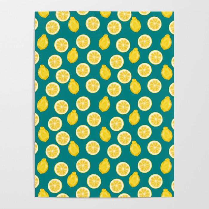 Whole Lemons and Slices - Teal Blue Poster