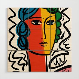 Minimalist Line Art Portrait of a Woman in Blue Red Yellow Green and Pink Wood Wall Art