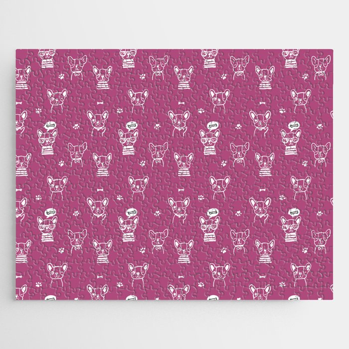 Magenta and White Hand Drawn Dog Puppy Pattern Jigsaw Puzzle