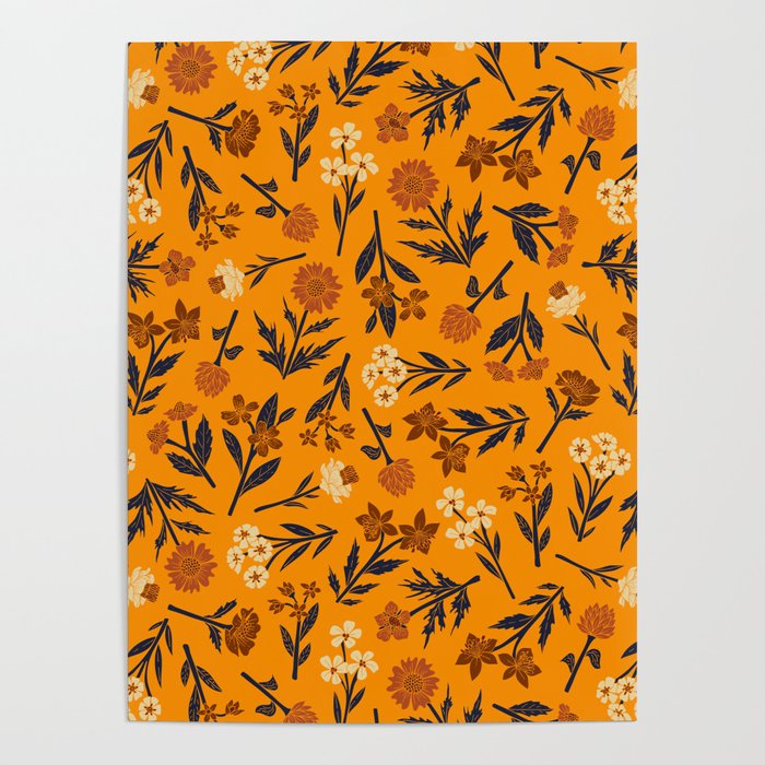 Mustard Yellow & Navy Blue Floral Poster