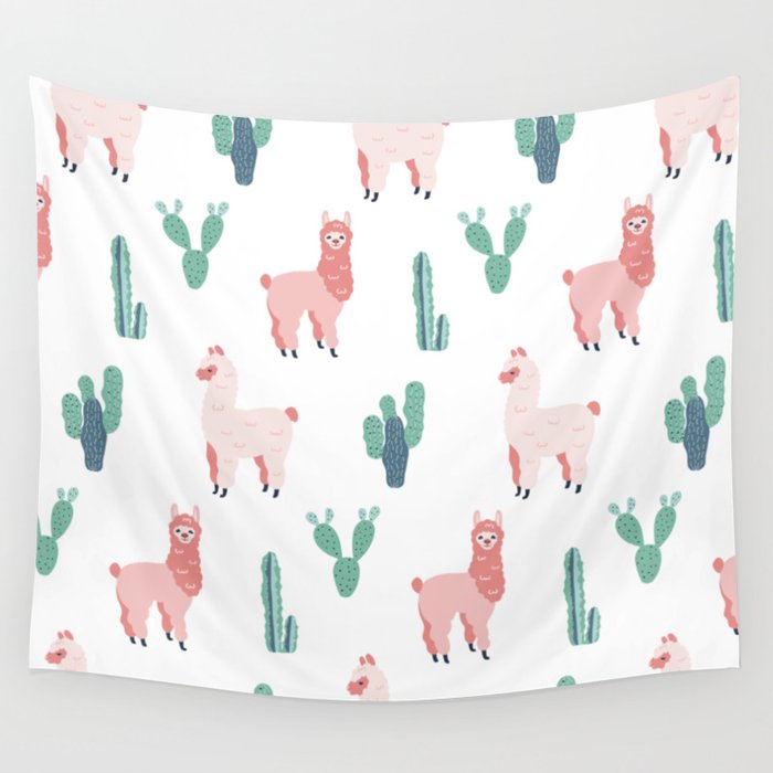 Alpacas And Cactus Pattern Wall Tapestry