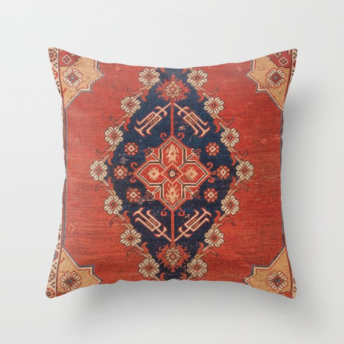 Southwest Tuscan Shapes I // 18th Century Aged Dark Blue Redish Yellow Colorful Ornate Rug Pattern Throw Pillow