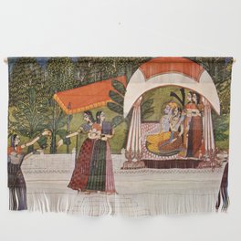 Indian Masterpiece: Krishna and Radha in a pavilion portrait painting Wall Hanging