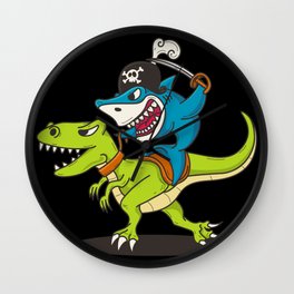 Shark Pirate Riding A Dinosaur T-Rex Gift Wall Clock