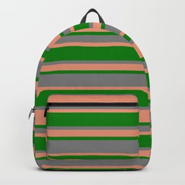 [ Thumbnail: Grey, Dark Salmon & Green Colored Lines Pattern Backpack ]