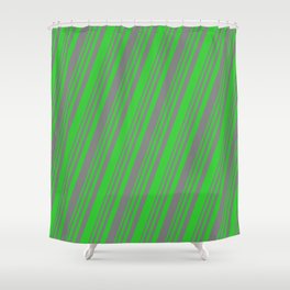 [ Thumbnail: Grey and Lime Green Colored Striped Pattern Shower Curtain ]