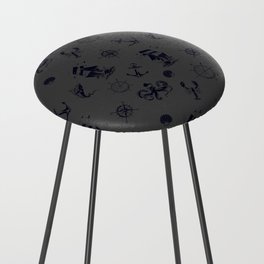Dark Grey And Blue Silhouettes Of Vintage Nautical Pattern Counter Stool
