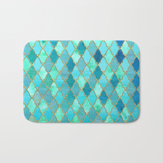 Aqua Teal Mint and Gold Oriental Moroccan Tile pattern Bath Mat