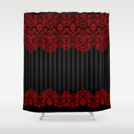 Beautiful Red Damask Lace and Black Stripes Shower Curtain