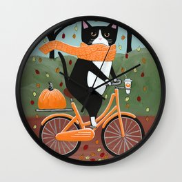 Tuxedo Cat Autumn Bicycle Ride Wall Clock