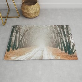 Canada Photography - Foggy Road Between Branchless Trees Rug