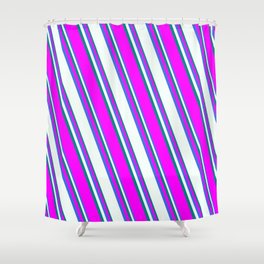 [ Thumbnail: Royal Blue, Mint Cream, Teal, and Fuchsia Colored Lined Pattern Shower Curtain ]