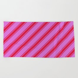 [ Thumbnail: Orchid & Crimson Colored Lined Pattern Beach Towel ]