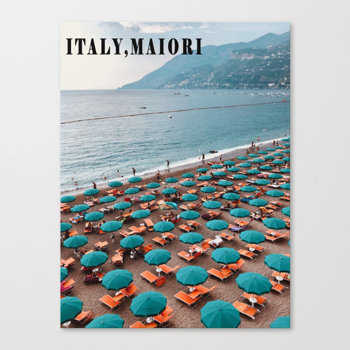 Italy Blue Maiori Beach And Umbrellas Canvas Print