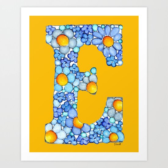 Blue Daisy Letter/ Initial E on Yellow-Orange Background Art Print