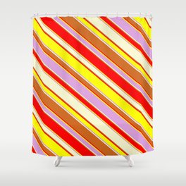 [ Thumbnail: Eyecatching Red, Yellow, Plum, Light Yellow & Chocolate Colored Stripes Pattern Shower Curtain ]