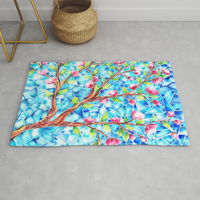 Cherry Blossoms Stained Glass Mosaic Watercolor Rug