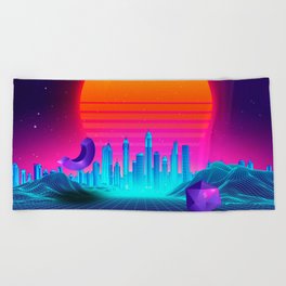 Neon sunset, city and sphere Beach Towel