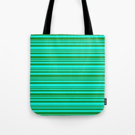 [ Thumbnail: Forest Green & Cyan Colored Striped Pattern Tote Bag ]