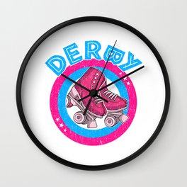 Roller Derby Girl 80s Skate Disco - Pink & Blue - Round Text Wall Clock