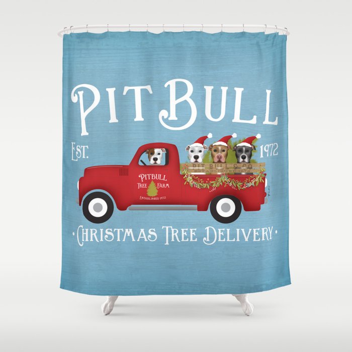 Pitbull Pit Bull Dog Christmas Tree Farm Vintage Red Truck  Shower Curtain