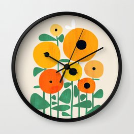Sunflower and Bee Wall Clock | Painting, Leaf, Sunny, Sun, Nature, Botany, Colorful, Garden, Bright, Geometric 