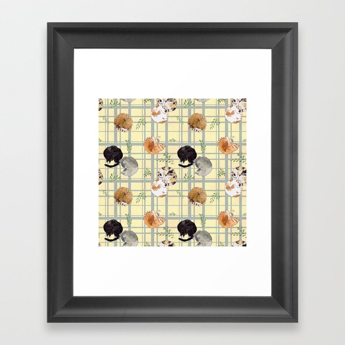 Sleeping Cats Pattern/Hand-drawn in Watercolour/Yellow Check Background Framed Art Print