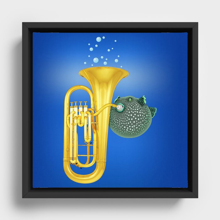 Puffer Fish Playing Tuba Framed Canvas