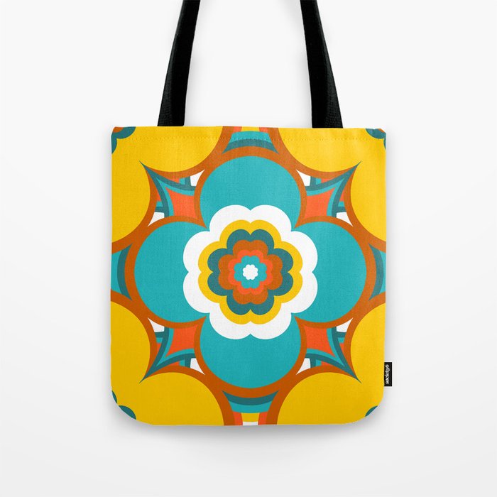 Large Retro Flowers Blue and Yellow 70s Psychedelic Pattern Tote Bag