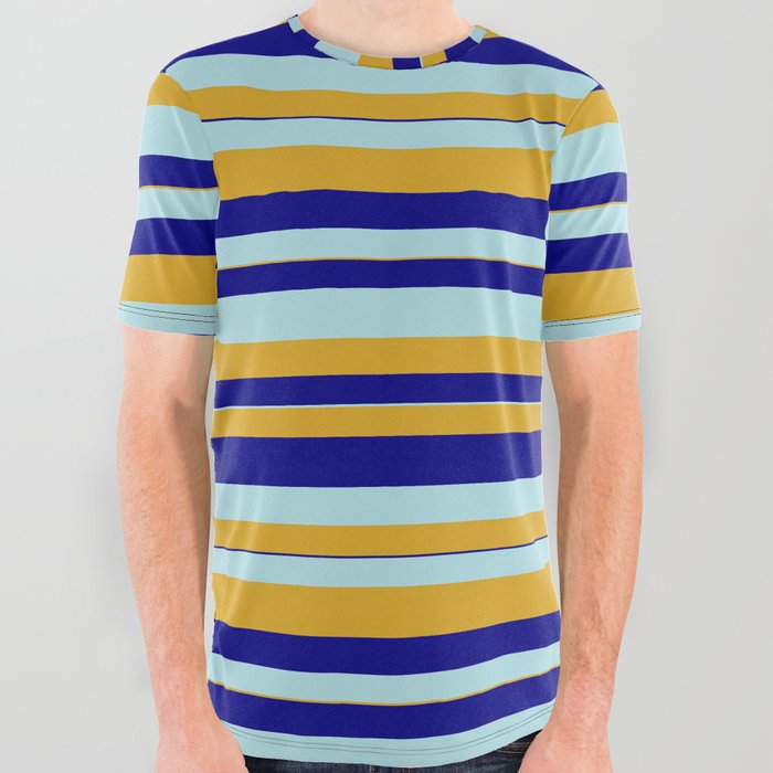 Powder Blue, Goldenrod, and Blue Colored Striped Pattern All Over Graphic Tee