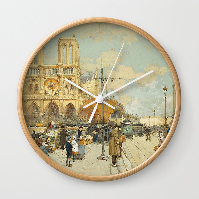 Figures on a Sunny Parisian Street, Notre Dame by Eugene Galien Laloue Wall Clock