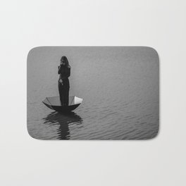 Sail Away; a girl on her umbrella riverscape liberation black and white photograph - photography - photographs Bath Mat | Photograph, Girl, Photo, Liberation, Independence, Empowerment, Fashion, Black, Umbrella, And 
