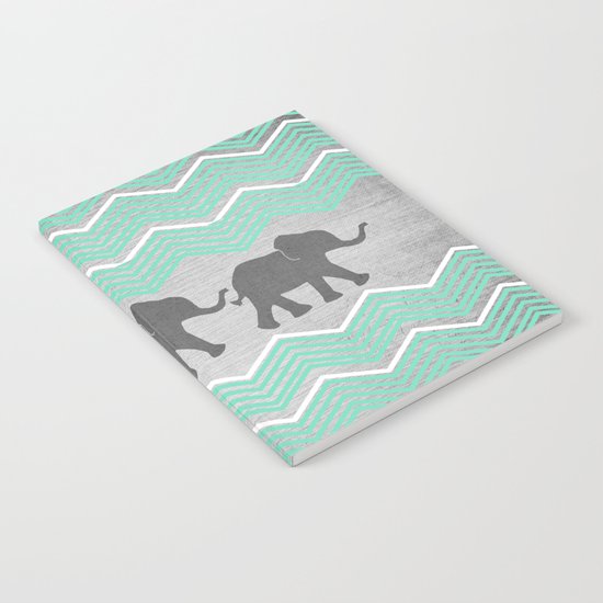 Three Elephants - Teal and White Chevron on Grey Notebook