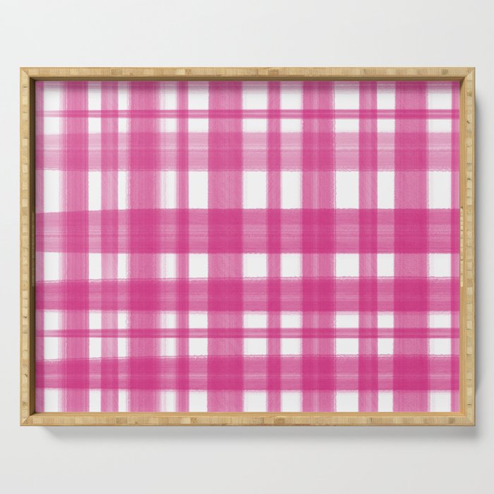 Geometric Hand Painted Pink White Plaid Pattern Serving Tray