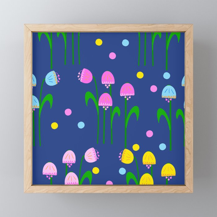 Sweet Blue Bells Spring Colors Flowers In Pink, Turquoise And Bright Yellow With Polka Dots Retro Modern Ditzy Scandi On A Navy Blue Field Framed Mini Art Print