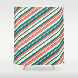 [ Thumbnail: Salmon, Beige & Dark Cyan Colored Pattern of Stripes Shower Curtain ]