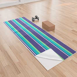 [ Thumbnail: Lavender, Dark Slate Blue, Green, Dark Turquoise & Dark Blue Colored Striped Pattern Yoga Towel ]