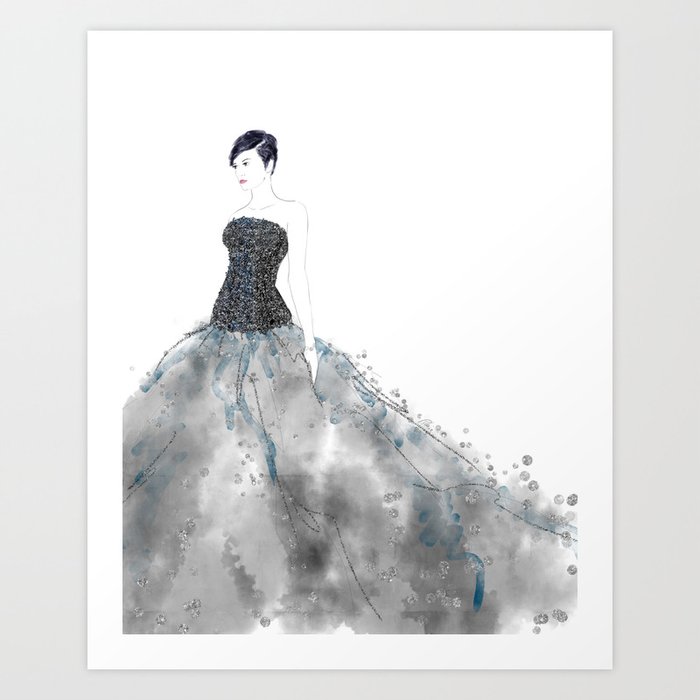 Fashion illustration long dress enbroidered bodice Art Print