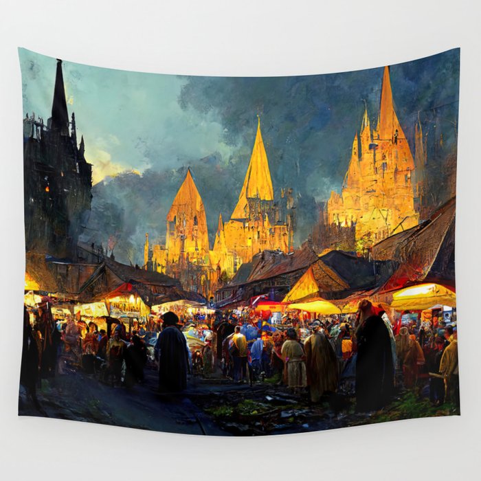 Medieval Fantasy Town Wall Tapestry
