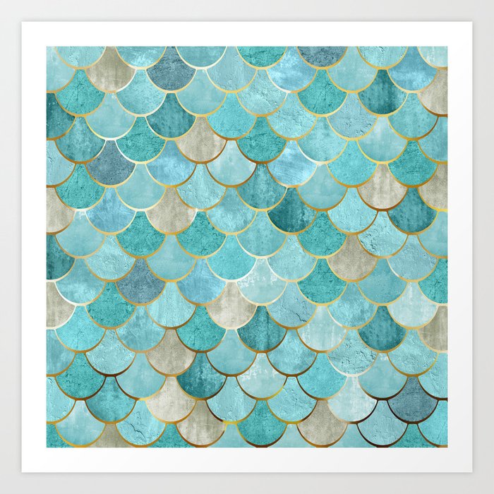 Moroccan Mermaid Fish Scale Pattern, Aqua,Teal Art Print by Megan