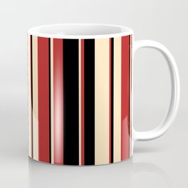 [ Thumbnail: Beige, Red, and Black Colored Striped Pattern Coffee Mug ]
