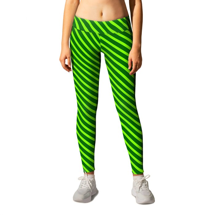 Chartreuse and Dark Green Colored Stripes Pattern Leggings