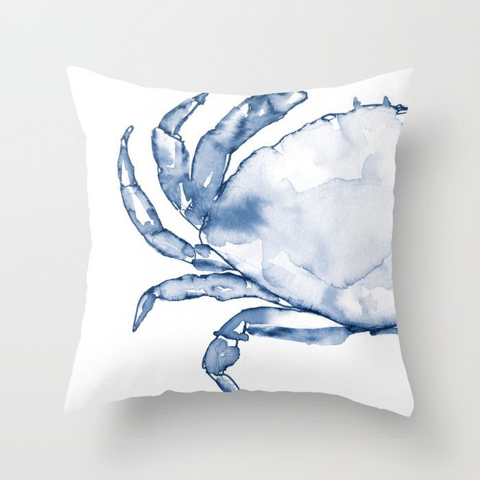 Coastal Crab in Watercolor, Navy Blue (Left Half in Set) Throw Pillow