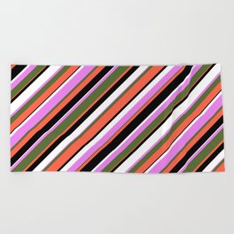 [ Thumbnail: Eyecatching Violet, Dark Olive Green, Red, Black, and White Colored Striped Pattern Beach Towel ]