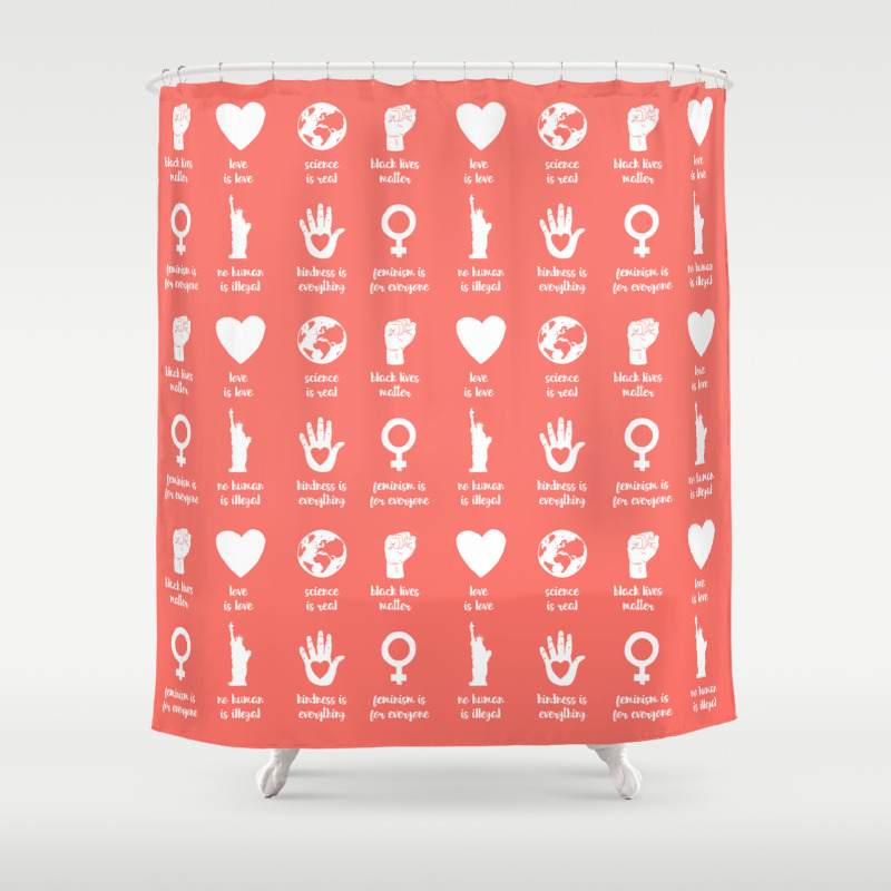 In This House We Believe Living Coral Shower Curtain By